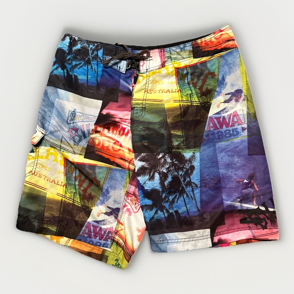 VTG Y2K Billabong Board Shorts Men 36 Yellow Pirate Skull Logo Skate 90s Grunge‎